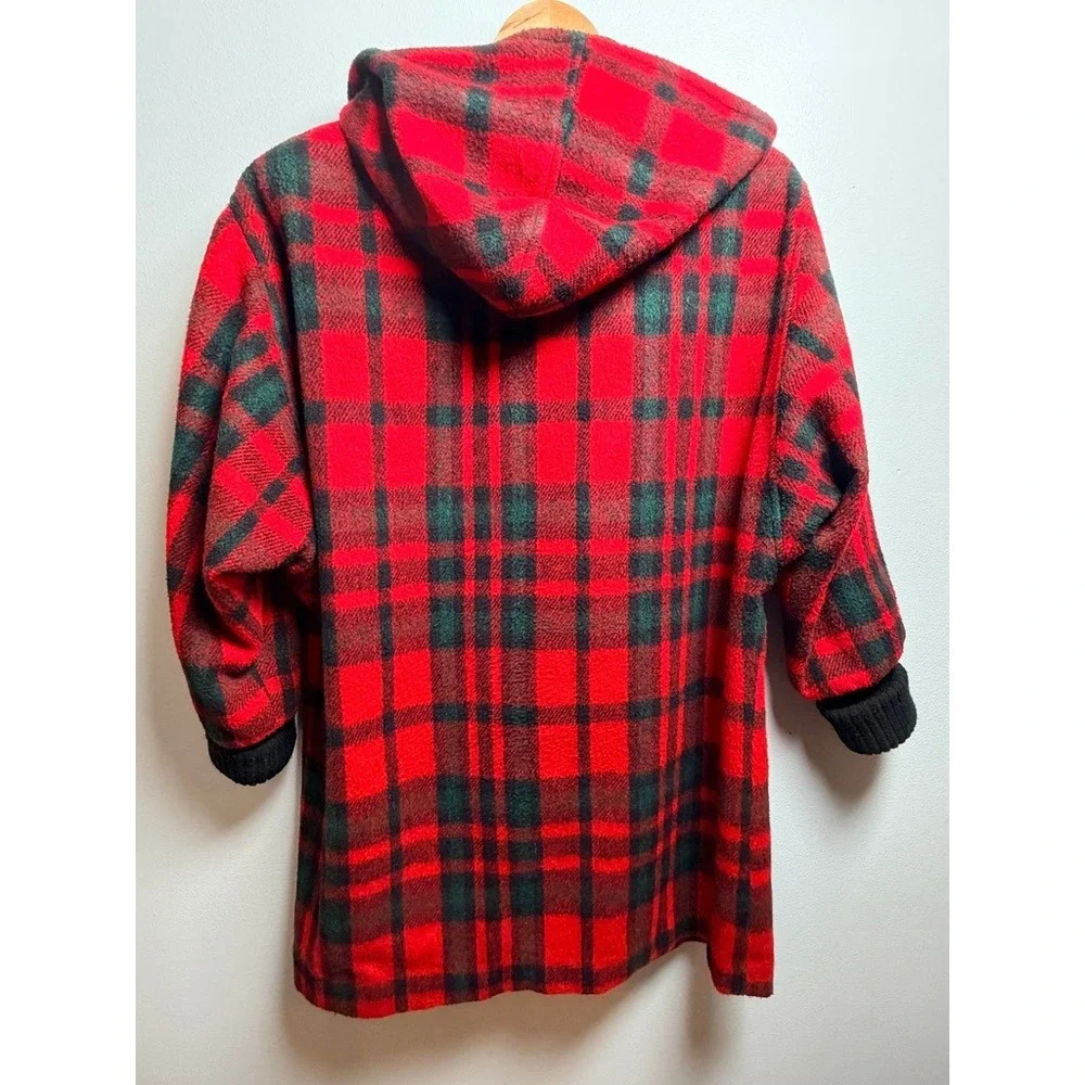 Ms New Yorker Vintage Hooded Plaid Coat Red Green Tartan Button Front Rib Cuffs